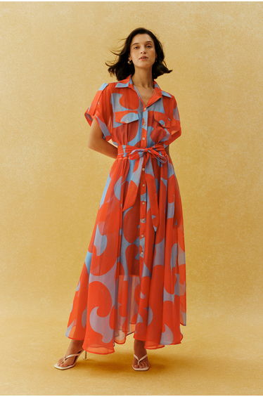 Vacation Mode Orange Abstract Print Short Sleeve Maxi Dress