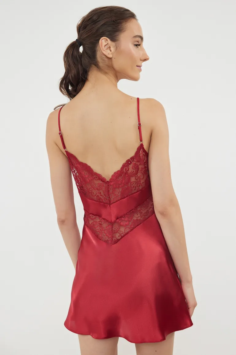 Burgundy Lace Back Rope Strap Satin Woven Nightgown - 5