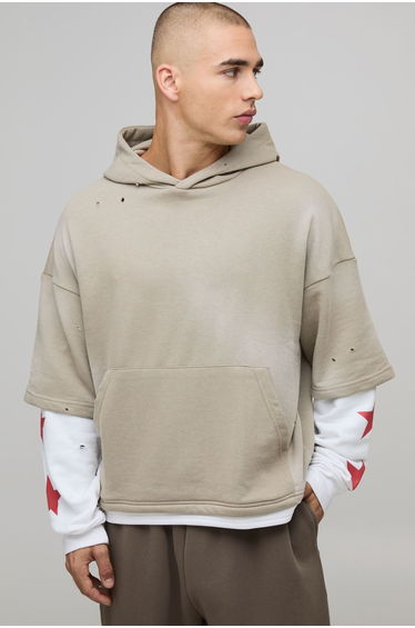 Stone Oversized Boxy Washed Eagle Faux Layer Loopback Printed Hoodie - stone