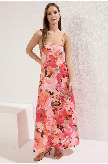 Multicolor Floral Print Adjustable Strappy A-Line Crepe/Textured Knit Maxi Dress