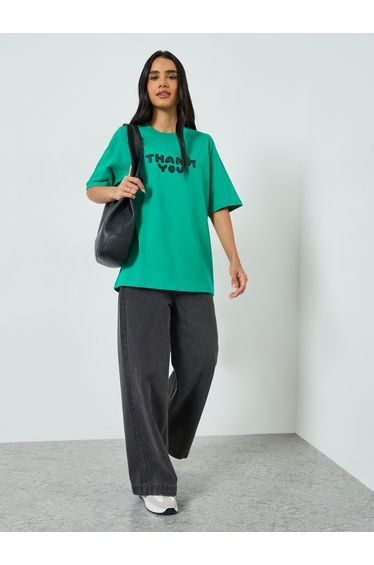 Green Oversized Slogan Print Cotton T-Shirt
