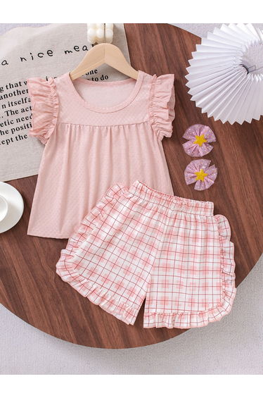 Girls Pink Ruffled Top with Checked Shorts Pyjama Set