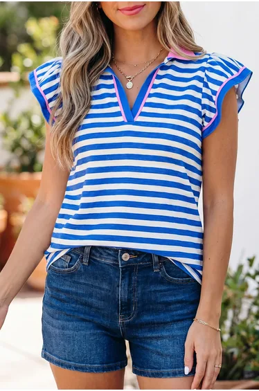 Lvness Blue Stripe Contrast Trim Polo Collar Ruffled Short Sleeve Blouse