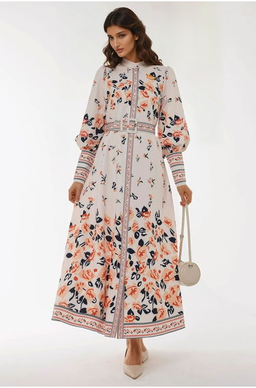Printed Long Sleeve Maxi Dress with Belt