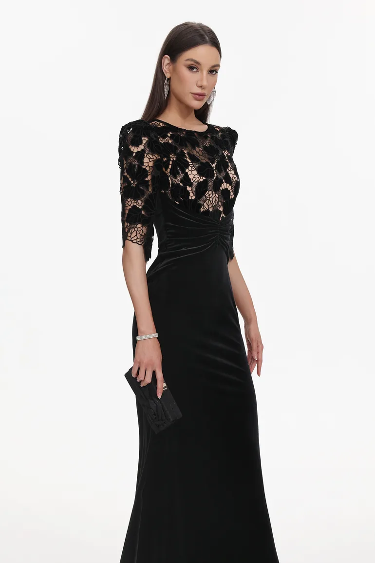 Koper Elegant Contour Half Sleeve Lace Velvet Maxi Dress - 2