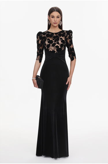 Koper Elegant Contour Half Sleeve Lace Velvet Maxi Dress