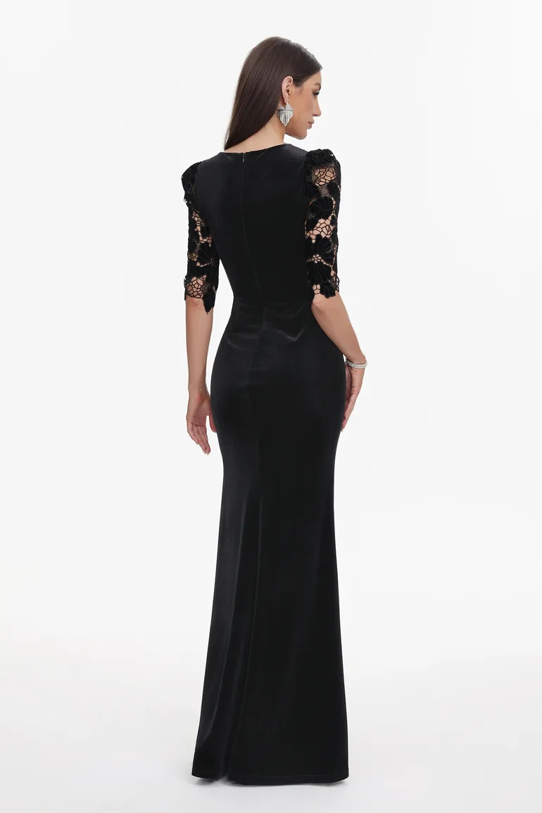 Koper Elegant Contour Half Sleeve Lace Velvet Maxi Dress - 5