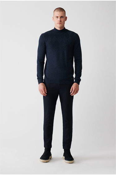 Men's Indigo Half Turtleneck Woolen Front Patterned Knitwear Sweater