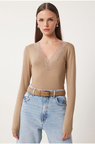 Women's Mink V Neck Lace Knitted Snap Bodysuit