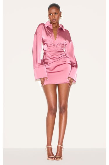 Blush Rose Premium Satin Bell Sleeve Shirt Dress