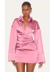 Blush Rose Premium Satin Bell Sleeve Shirt Dress - 1