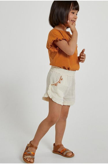 Double Cotton Muslin Shorts with Embroidery and Ruffles