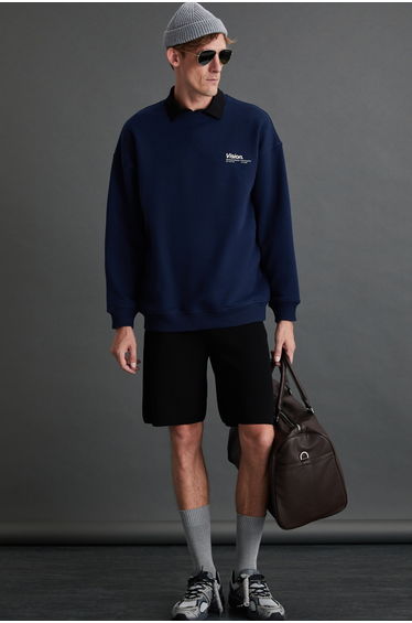 GRIMELANGE Ernest Men's Organic Cotton Soft Printed Detail Crew Neck Fleece-Lined Navy Sweatshirt