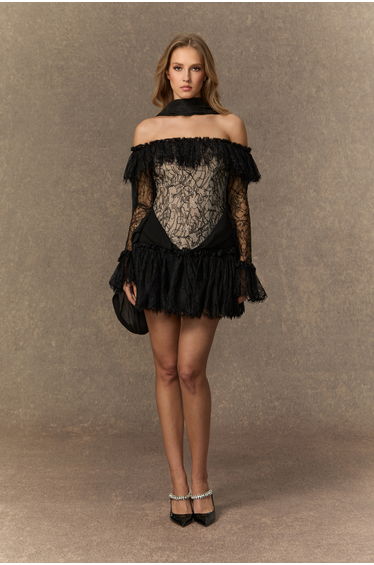 Instant Attraction Black Off Shoulder Lace Corset Mini Dress