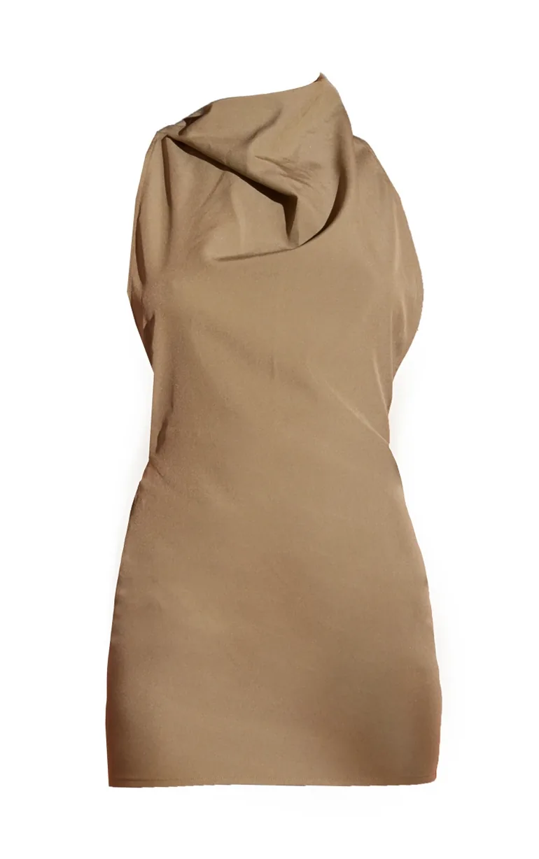 Khaki High Neck Cowl Backless Bodycon Dress - 4