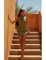 Khaki High Neck Cowl Backless Bodycon Dress - 1