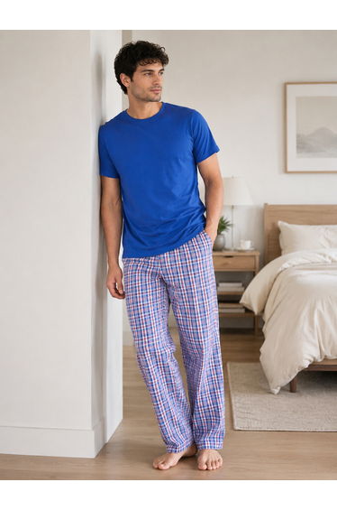 Deep Blue Checkered Short Sleeve Pyjamas Set (100% Cotton)