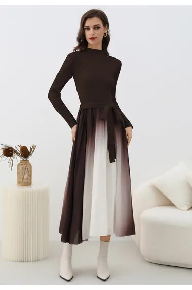 Ombre Pleated Spliced Knit Belted Dress in Brown