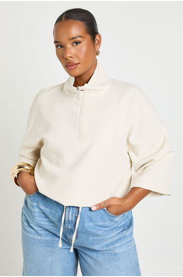 Plus Crepe Funnel Neck Short Sleeve Drawcord Shirt - ecru