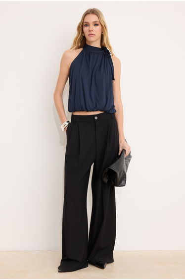 Anthracite Regular/Normal Fit Stand Collar Sleeveless Gathered Pique Knitted Blouse