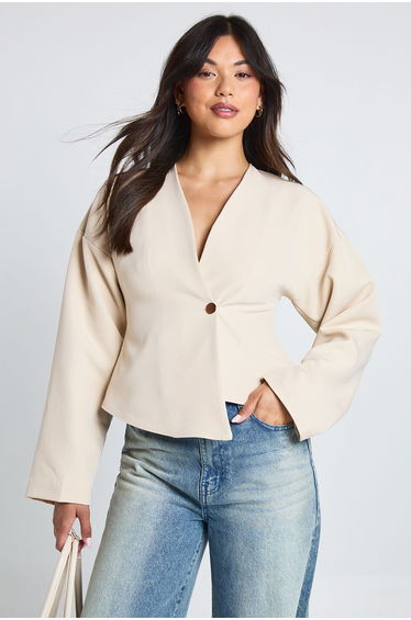 Gold Button Long Sleeve Wrap Top - ecru