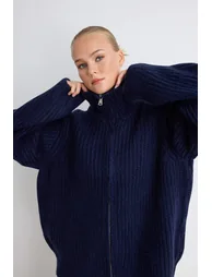 Wardrobe Essentials Navy Blue Double-Sided Zippered Soft Textured Knitwear Cardigan - 5