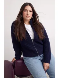 Wardrobe Essentials Navy Blue Double-Sided Zippered Soft Textured Knitwear Cardigan - 1