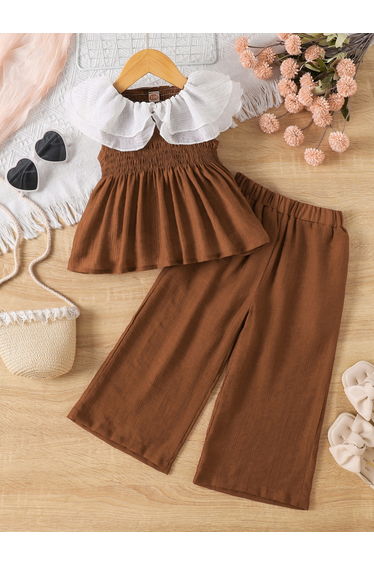Brown Viscose Blend Top and Trousers Set