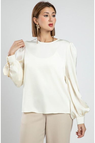 Satin Office Blouse With Cutout Sleeves