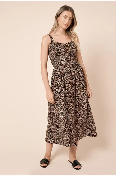 Animal Shirred Bodice Strappy Midi Dress