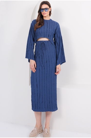 Women's Navy Blue Stitching Detailed Asymmetrical Cut Blouse and Skirt Set