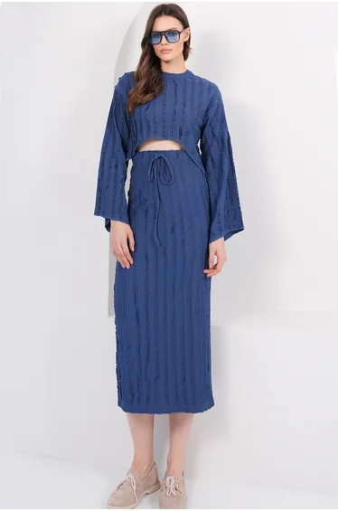 Women's Navy Blue Stitching Detailed Asymmetrical Cut Blouse and Skirt Set