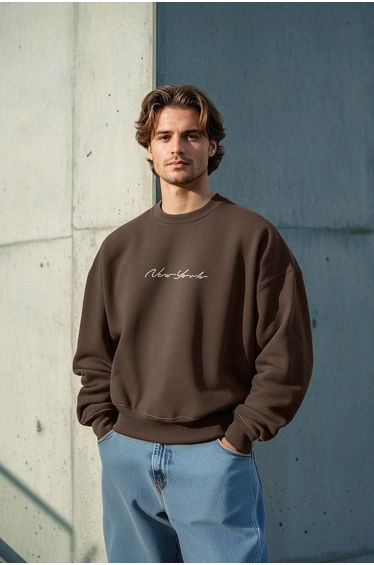 Brown Regular/Normal Cut City Printed Crew Neck Sweatshirt