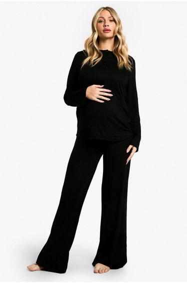 Maternity Long Sleeve Button Top & Wide Leg Trouser PJ Set - black
