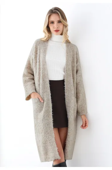 Mix-Knit Fuzzy Longline Cardigan in Oatmeal