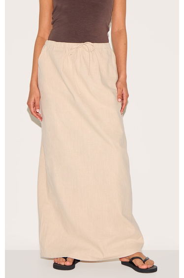 Petite Natural Premium Linen Look Drawstring Maxi Skirt