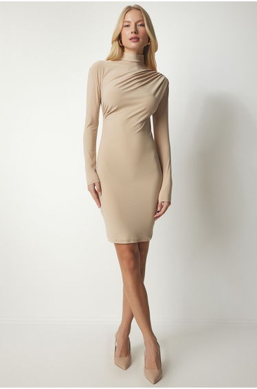 Beige Ruched Bodycon Midi Dress with Long Sleeve