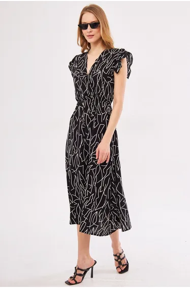 Women's Black Mident Dress Double Breasted Collar Ruffle Detailed Shoulder Elastic Waist Midi Length