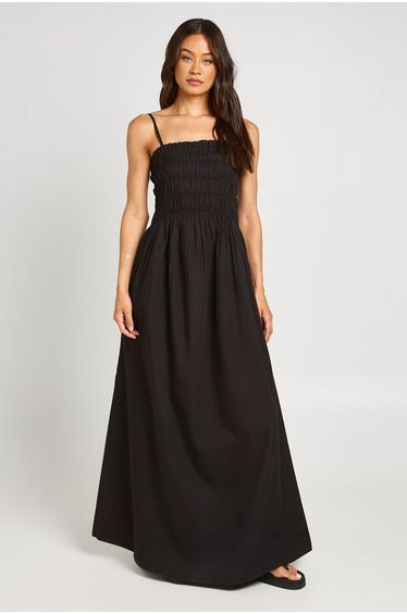Tall Cotton Poplin Shirred Bodice Maxi Dress - black