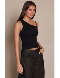 Black Contour Rib Strap Detail Vest Top