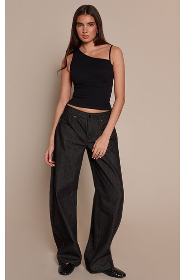 Black Contour Rib Strap Detail Vest Top