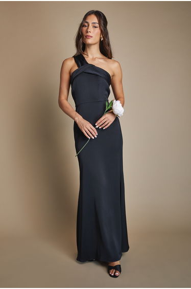 Asymmetric Neckline Satin Bridesmaid Maxi Dress