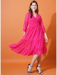 فستان ميدي منقط بياقة V بأكمام بطبقات متدرجة - 1