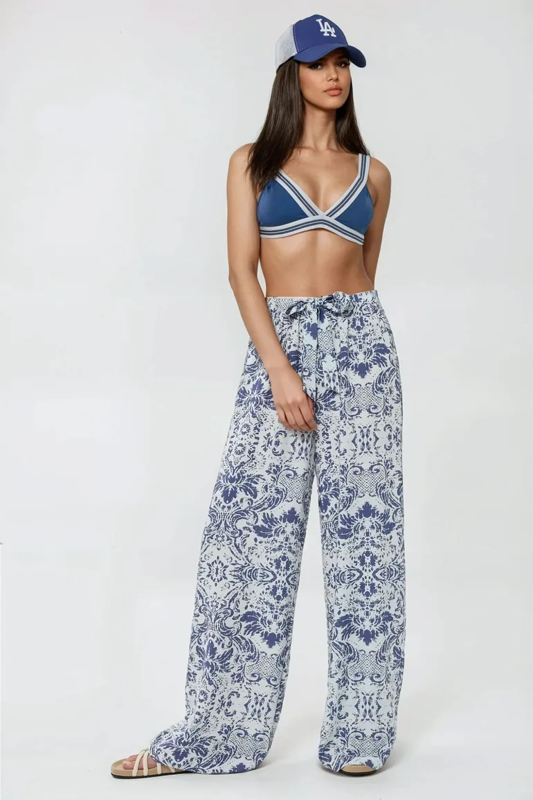 Wide Leg Elastic Waist Printed Pants - 3