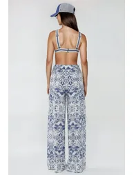 Wide Leg Elastic Waist Printed Pants - 4