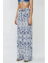 Wide Leg Elastic Waist Printed Pants - 2