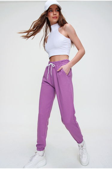 Women's Dark Lilac Basic Sweatpants with Elastic Waist and Leg