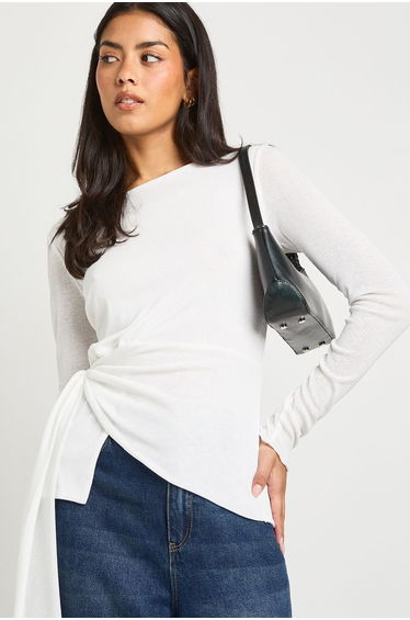 Double Layered Textured Mesh Drape Front Long Sleeve Top - white