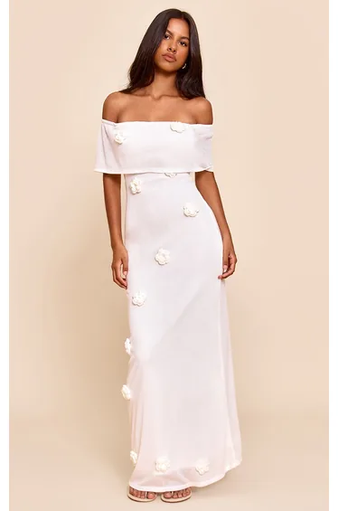 Petite Cream Floral Applique Knitted Maxi Dress