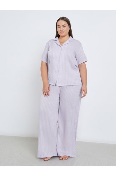 Plus Viscose Textured Double Stripe Shirt and Pyjama Set